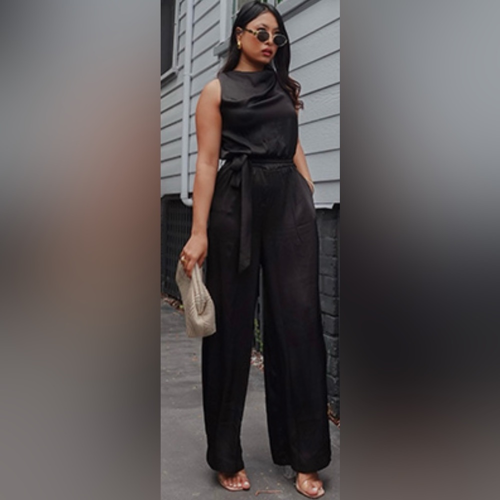 Grace Karen Womens Jumpsuit Cowl Neck Sleeveless Cutout Wide Leg Romper Black XL